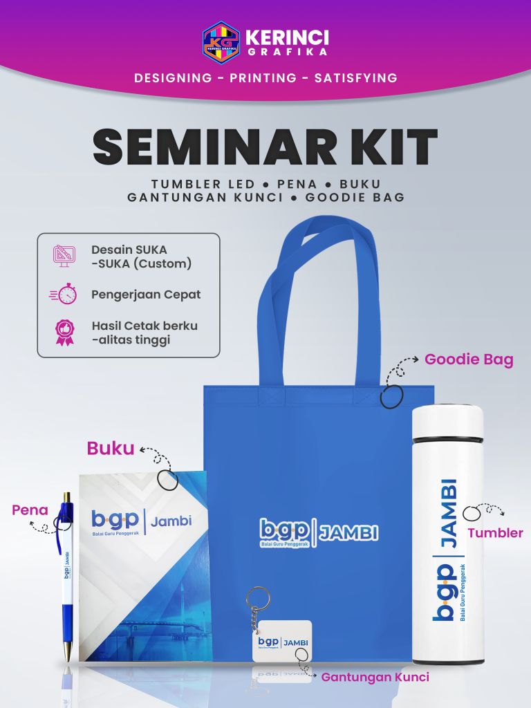 Paket Seminar Kit (tumbler LED, pena, buku, gantungan kunci, goodie bag)