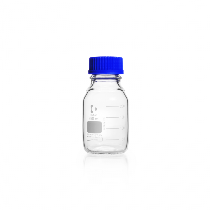 Laboratory Bottle 1000 ml, wide mouth, clear, with screw cap and pouring ring, PP, blue